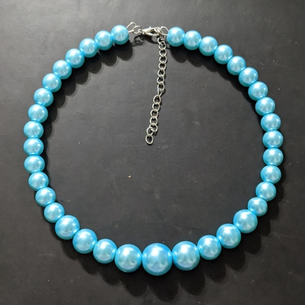 Silver Tone Pastel Light Blue Faux Pearl Beaded Collar Statement Necklace